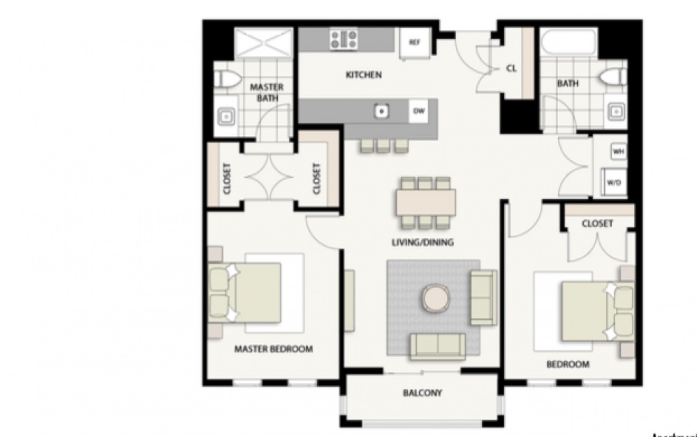 Maple - 2 bedroom floorplan layout with 2 baths and 1091 square feet. (2D)