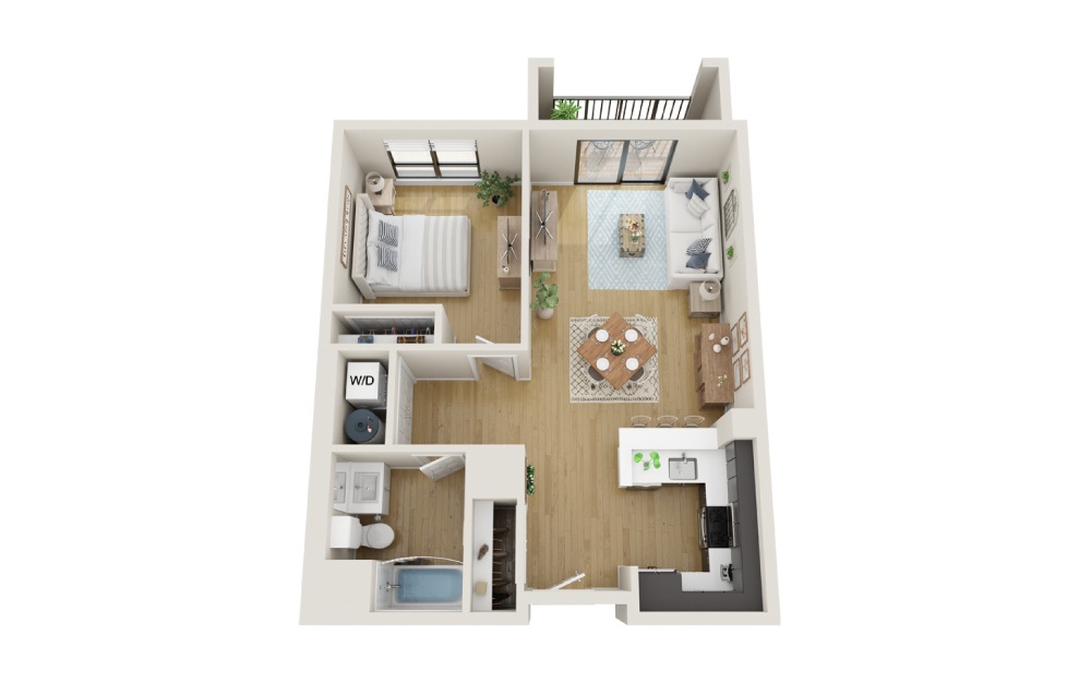 Palm - 1 bedroom floorplan layout with 1 bath and 752 square feet. (3D)