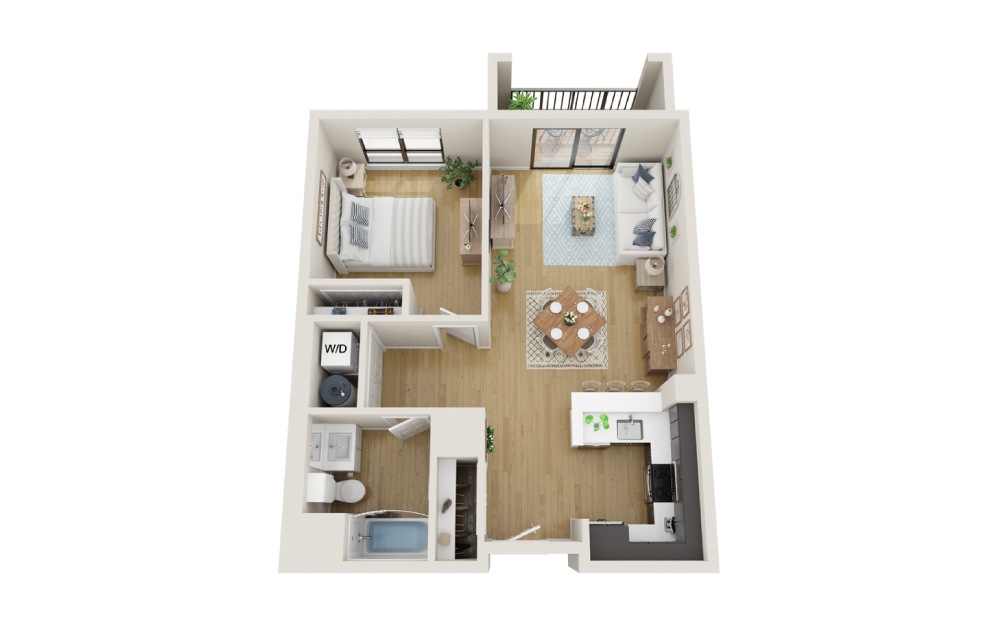 Palm - 1 bedroom floorplan layout with 1 bathroom and 752 square feet (3D)