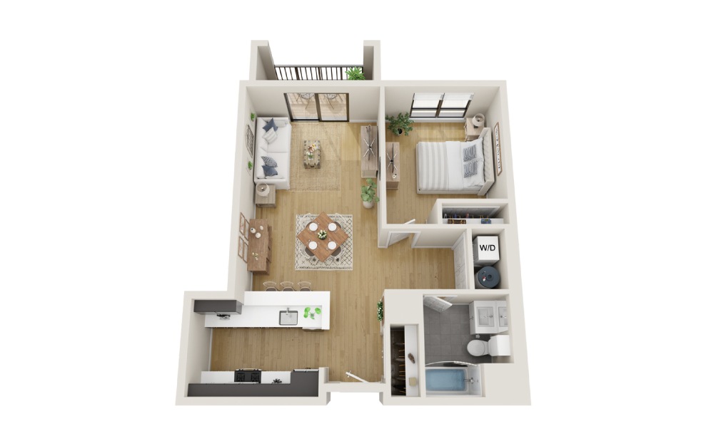 Holly - 1 bedroom floorplan layout with 1 bath and 786 square feet. (3D)