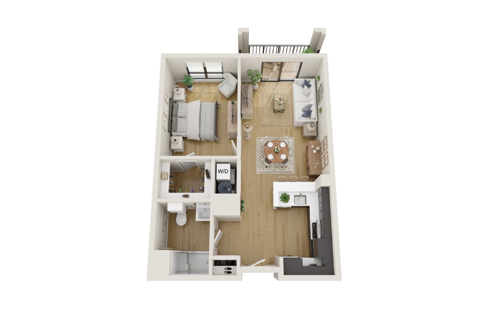 Spruce - 1 bedroom floorplan layout with 1 bath and 811 square feet. (3D)
