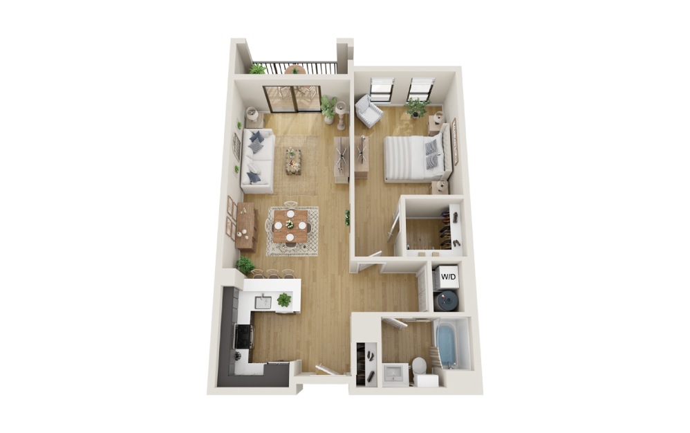 Willow - 1 bedroom floorplan layout with 1 bathroom and 812 square feet (3D)