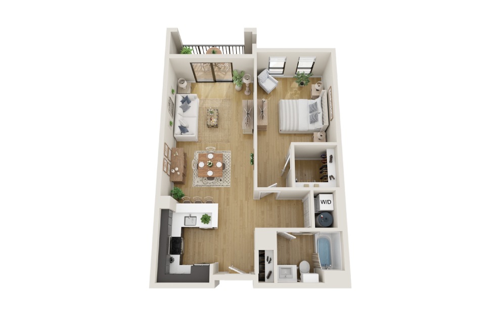 Willow - 1 bedroom floorplan layout with 1 bath and 812 square feet. (3D)
