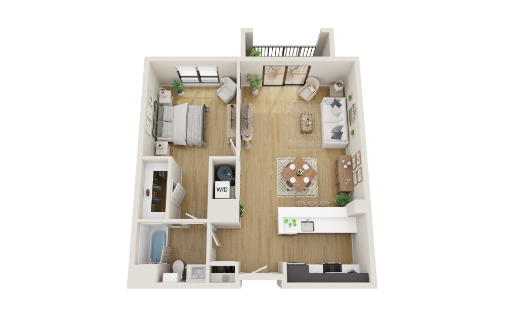 Hawthorne - 1 bedroom floorplan layout with 1 bathroom and 852 square feet (3D)