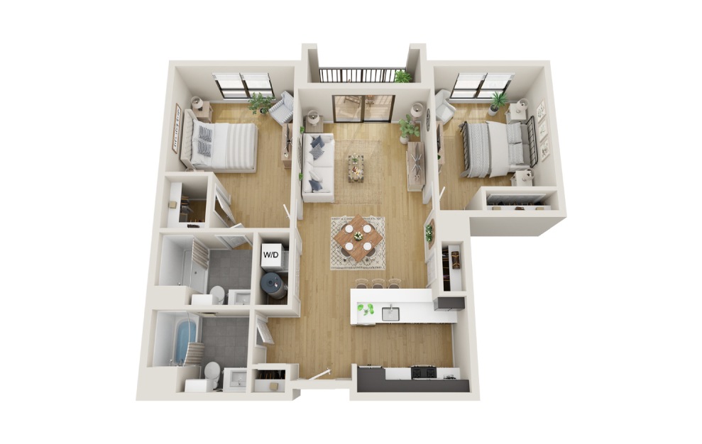 Linden - 2 bedroom floorplan layout with 2 baths and 1038 square feet. (3D)