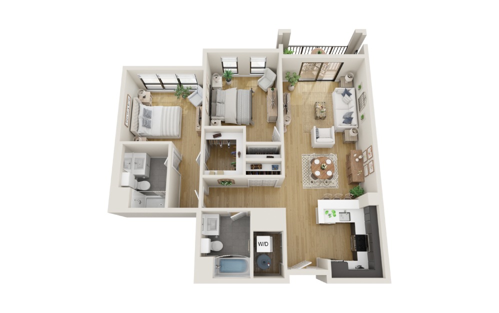 Hemlock - 2 bedroom floorplan layout with 2 bathrooms and 1072 square feet (3D)