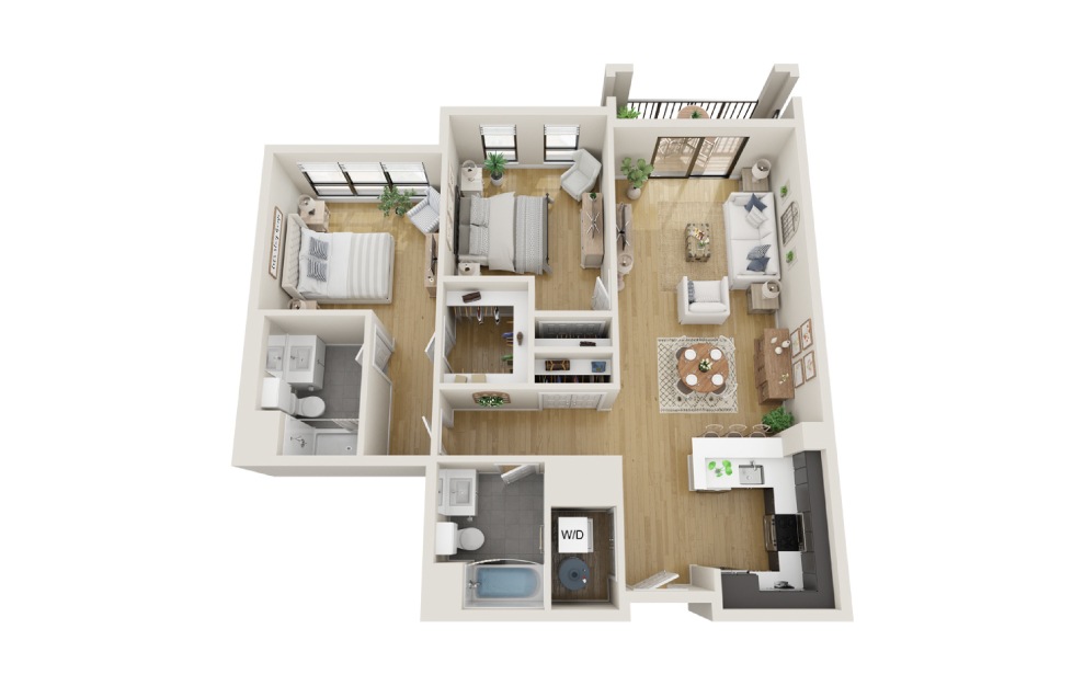 Hemlock - 2 bedroom floorplan layout with 2 baths and 1072 square feet. (3D)