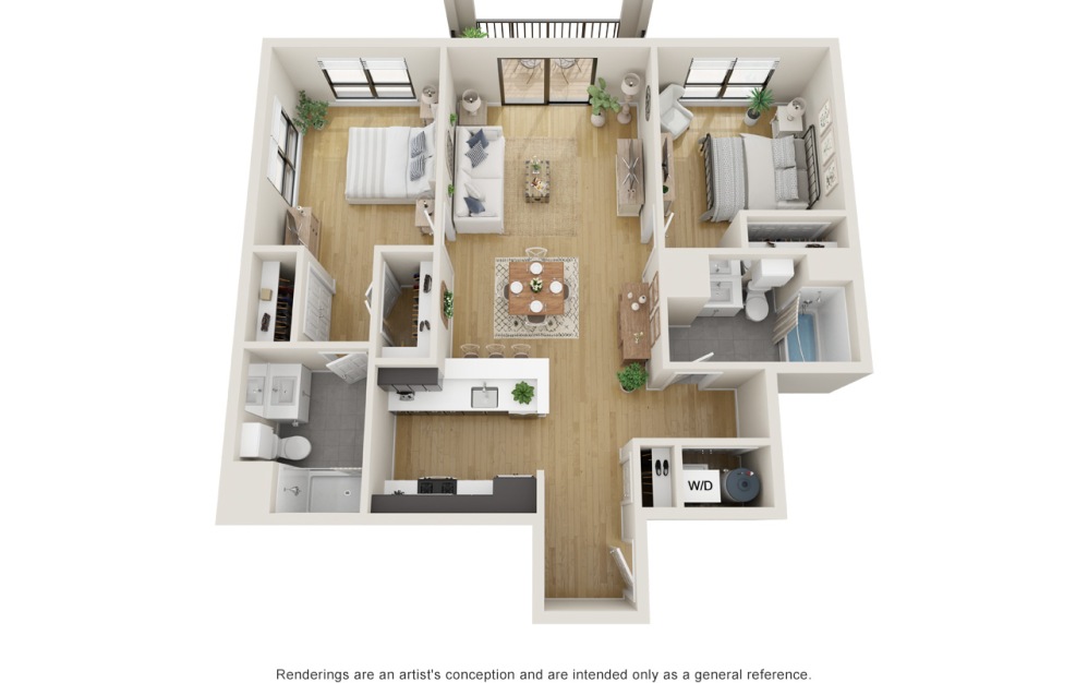 Maple - 2 bedroom floorplan layout with 2 bathrooms and 1091 square feet (3D)