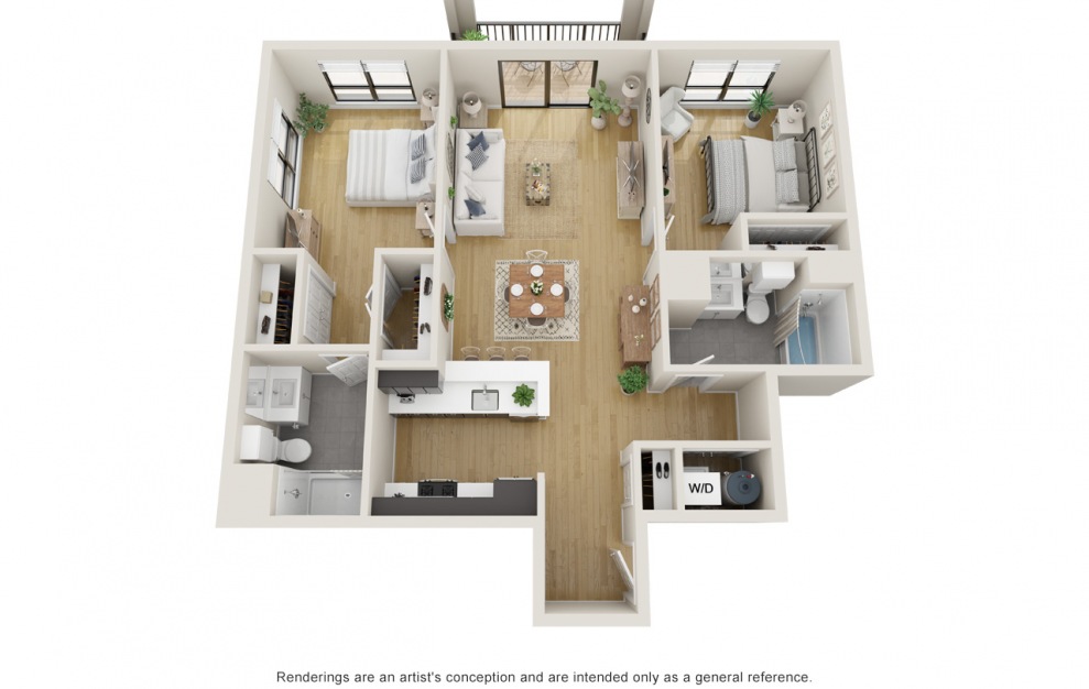 Maple - 2 bedroom floorplan layout with 2 baths and 1091 square feet. (3D)