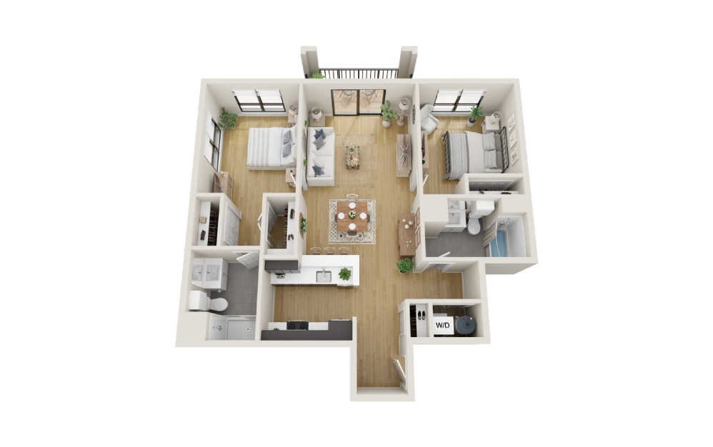 Sycamore - 2 bedroom floorplan layout with 2 bathrooms and 1091 square feet (3D)