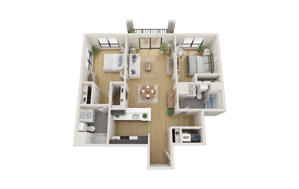Sycamore - 2 bedroom floorplan layout with 2 baths and 1091 square feet. (3D)