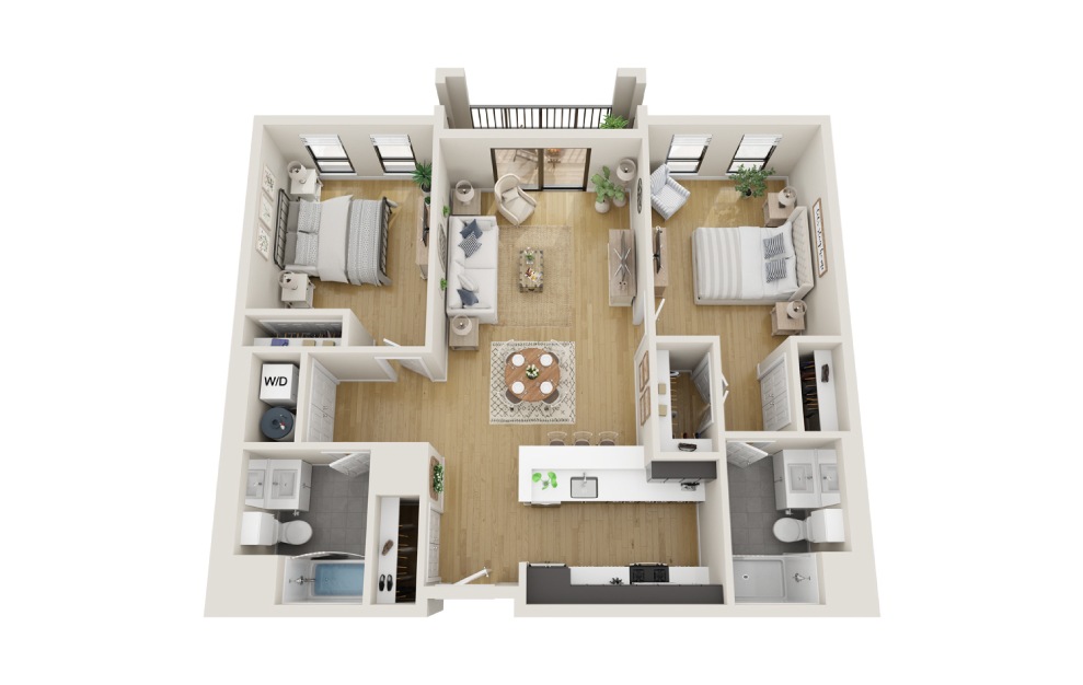 Cypress - 2 bedroom floorplan layout with 2 baths and 1120 square feet. (3D)