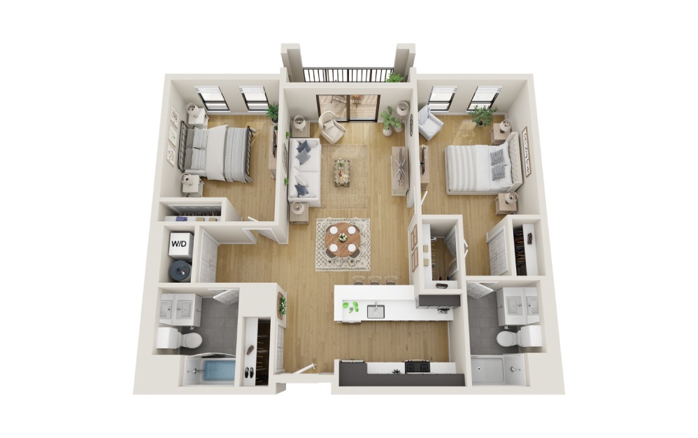 Cypress - 2 bedroom floorplan layout with 2 bathrooms and 1120 square feet (3D)