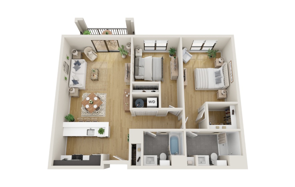 Pine - 2 bedroom floorplan layout with 2 baths and 1181 square feet. (3D)