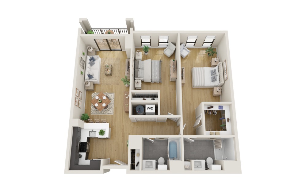 Cedar - 2 bedroom floorplan layout with 2 bathrooms and 1205 square feet (3D)