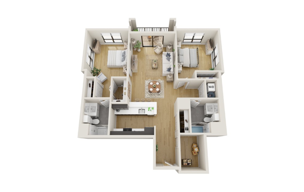 Chestnut - 2 bedroom floorplan layout with 2 baths and 1251 square feet. (3D)
