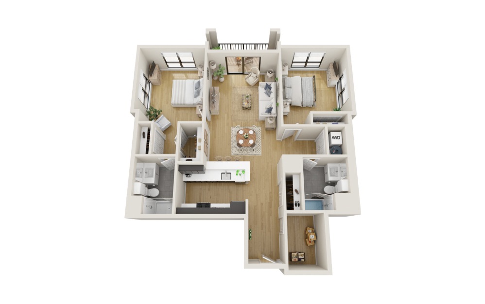 Chestnut - 2 bedroom floorplan layout with 2 bathrooms and 1251 square feet (3D)