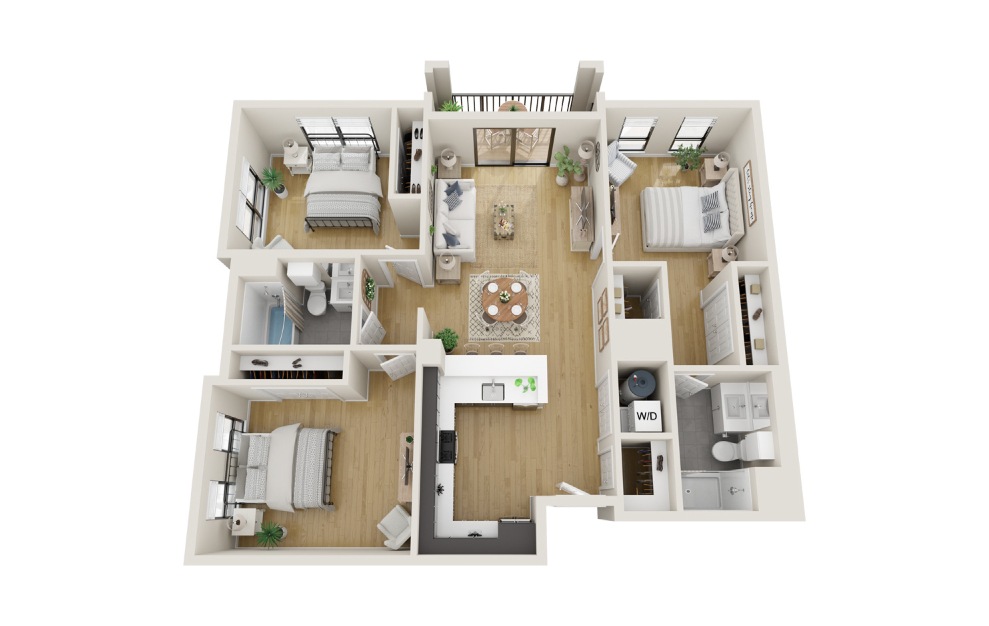 Hickory - 2 bedroom floorplan layout with 2 baths and 1141 square feet. (3D)