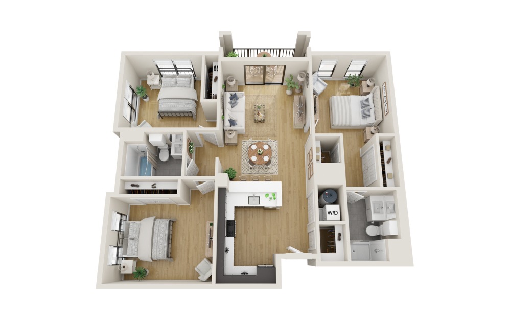 Hickory - 2 bedroom floorplan layout with 2 bathrooms and 1141 square feet (3D)