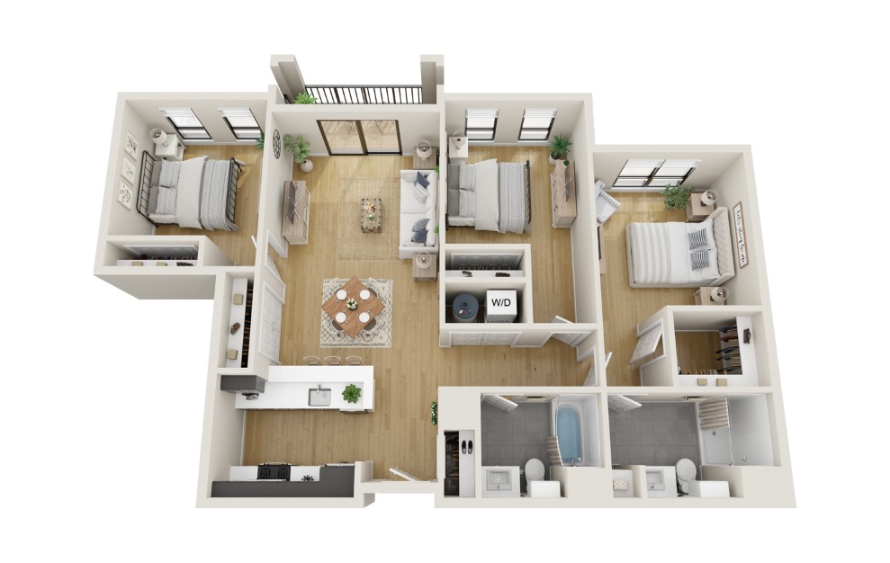 Birch - 3 bedroom floorplan layout with 2 baths and 1260 square feet. (3D)