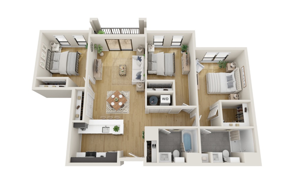 Birch - 3 bedroom floorplan layout with 2 bathrooms and 1260 square feet (3D)