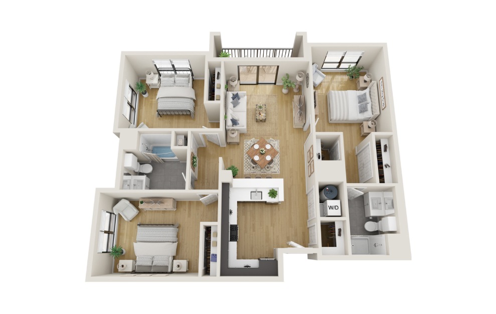 Rowan - 3 bedroom floorplan layout with 2 baths and 1250 square feet. (3D)