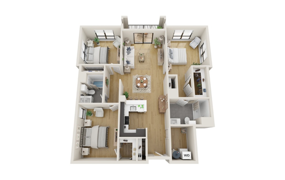 Beech - 3 bedroom floorplan layout with 2 baths and 1360 square feet. (3D)