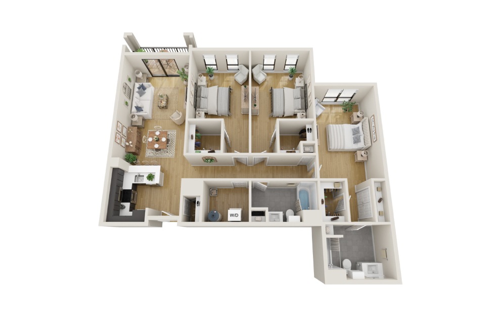 Elm - 3 bedroom floorplan layout with 2 baths and 1632 square feet. (3D)